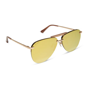 diff eyewear tahoe aviator oversized sunglasses with a gold metal frame and brilliant gold mirror lenses angled view