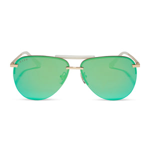 diff eyewear tahoe aviator oversized sunglasses with a gold metal frame and brilliant green mirror lenses front view