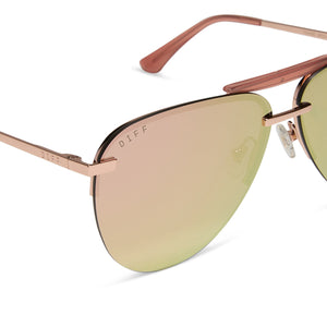 diff eyewear tahoe aviator sunglasses with a rose gold metal frame and cherry blossom mirror lenses rear detailed view