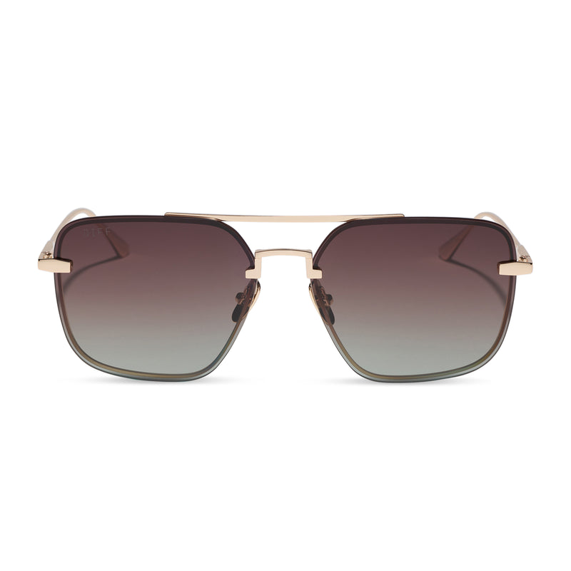 diff eyewear teddy oversized navigator sunglasses with a gold metal frame and brown gradient polarized lenses front view