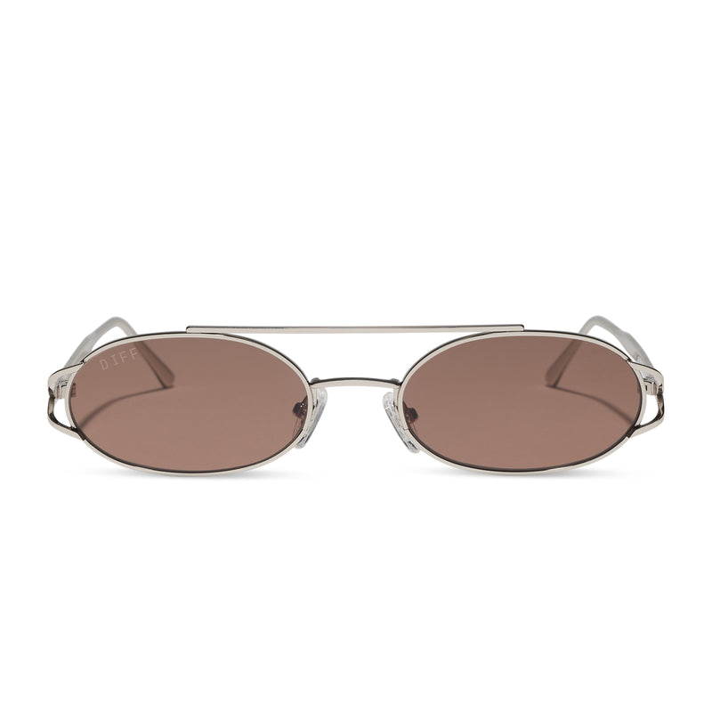 danielle bernstein x diff eyewear the brooklyn oval metal sunglasses with a silver metal frame and brown lenses front view
