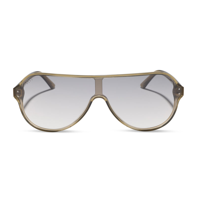 danielle bernstein x diff eywear the downtown vintage shield sunglasses with a olive crystal acetate frame and silver flash lenses front view
