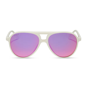 diff eyewear tosca ii aviator sunglasses with a matte white acetate frame and pink rush mirror lenses front view