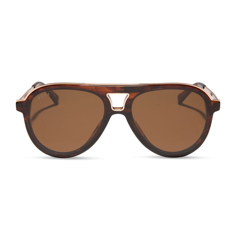 diff eyewear featuring the tosca iii aviator sunglasses with a sequoia tortoise and gold trim frame and brown lenses front view