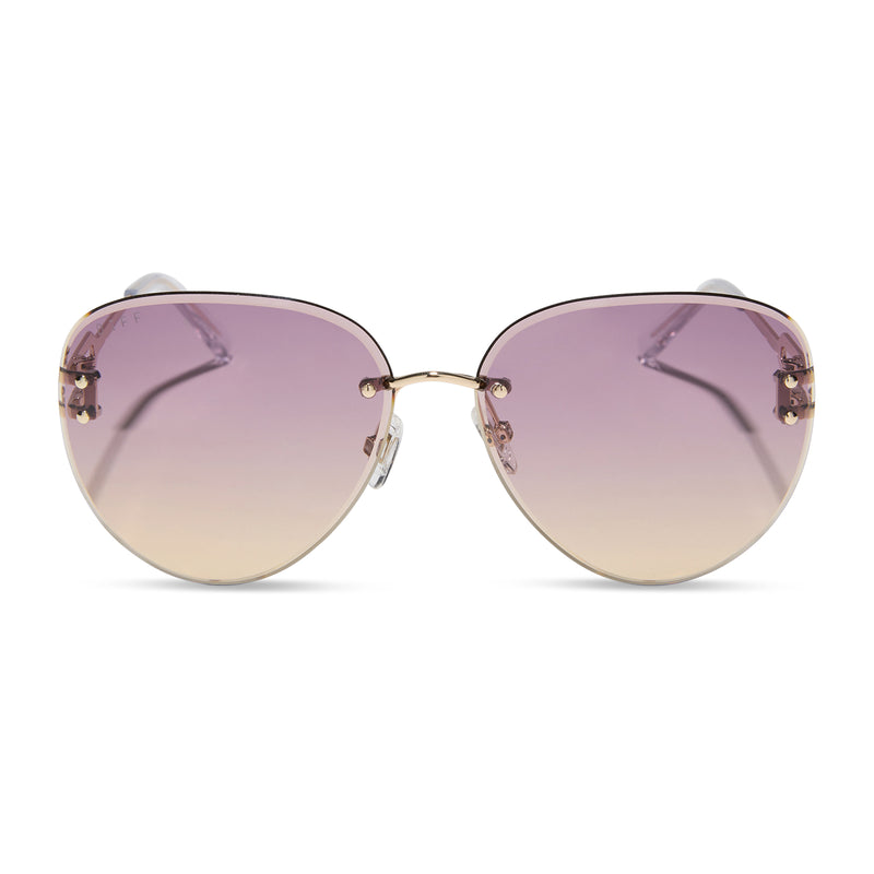 diff eyewear featuring the trista aviator sunglasses with a gold frame and misty lilac gradient lenses front view