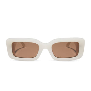 kristy sarah x diff eyewear featuring the ttyl rectangle sunglasses with a milky beige frame and brown lenses front view