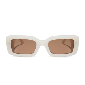 kristy sarah x diff eyewear featuring the ttyl rectangle sunglasses with a milky beige frame and brown lenses front view