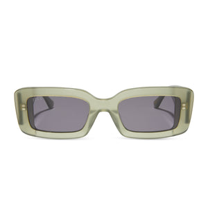 kristy sarah x diff eyewear featuring the ttyl rectangle sunglasses with a milky olive frame and grey lenses front view