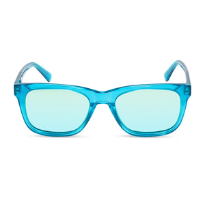 diff eyewear wesley square sunglasses with a turquoise ice crystal acetate frame and teal mirror polarized lenses front view