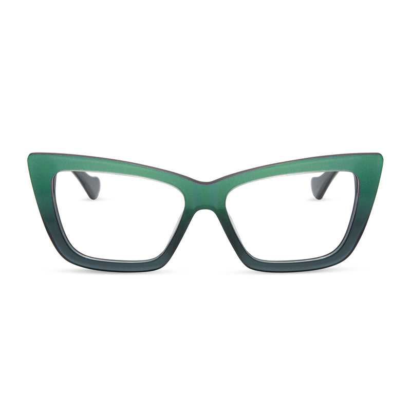 wicked x diff eyewear featuring the elphaba emerald square prescription glasses with a black green gradient frame front view
