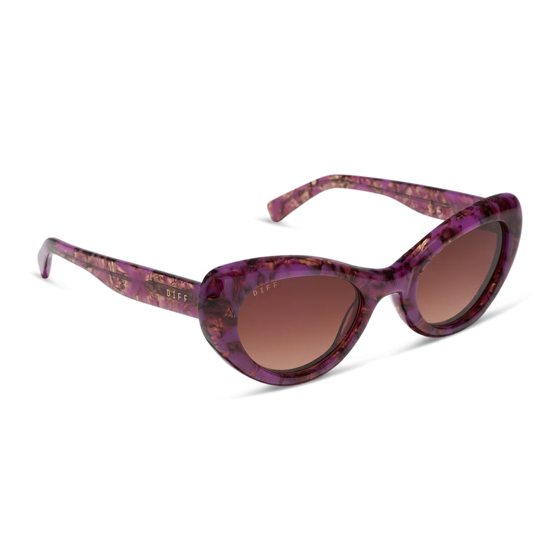 diff eyewear zaria cat eye sunglasses with a lavender haze purple tortoise acetate frame and brown gradient lenses angled view