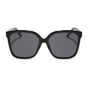 laura beverlin x diff eyewear zeppelin square sunglasses with a black frame and grey polarized lenses front view