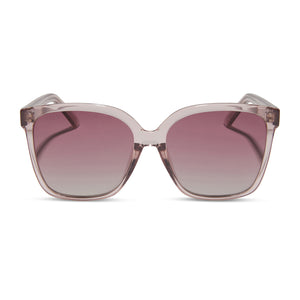 beverlin x diff eyewear zeppelin square sunglasses with a light pink crystal frame and wine gradient polarized front view