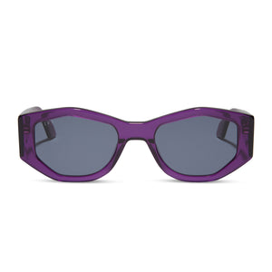 diff eyewear featuring the zoe oval sunglasses with a posh purple crystal frame and grey lenses front view