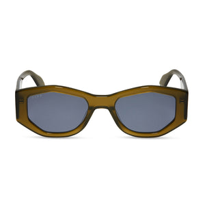 diff eyewear featuring the zoe oval sunglasses with a rich olive green acetate frame and grey lenses front view