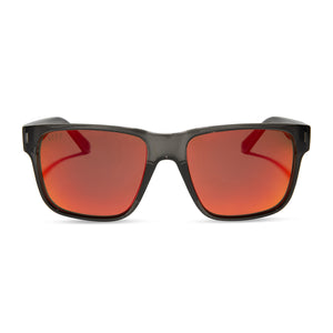 diff sport ace square sunglasses with a black smoke crystal frame and red mirror polarized lenses front view