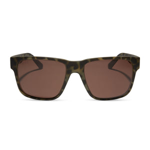 diff sport ace square sunglasses with a matte olive green tortoise frame and brown polarized lenses front view