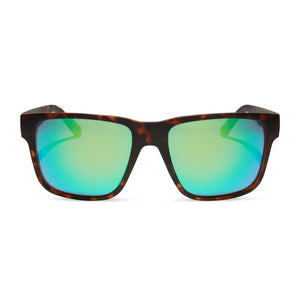 diff sport ace square sunglasses with a rich tortoise matte frame and green mirror polarized lenses front view