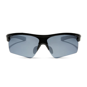 diff sport blitz shield sunglasses with a black frame and silver mirror polarized lenses front view