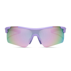 diff sport blitz shield sunglasses with a matte lavender frame and lavender mirror polarized lenses front view