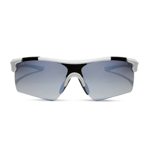 diff sport blitz shield sunglasses with a matte white frame and grey gradient with silver flash polarized lenses front view