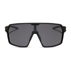 diff sport charge oversized shield sunglasses with a matte black frame and grey flash polarized lenses front view