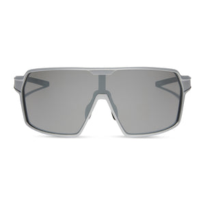 diff sport charge shield sunglasses with a matte silver frame and silver mirror polarized lenses front view