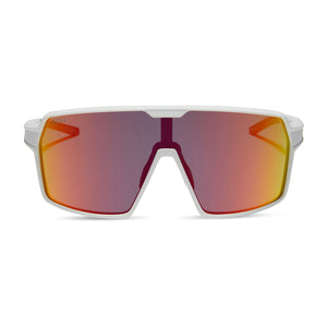 diff sport oversized shield sunglasses with a matte white frame and sunset mirror polarized lenses front view