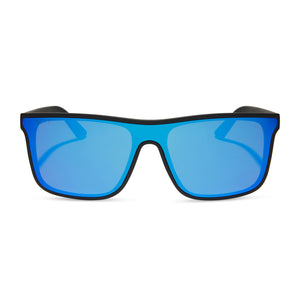 diff sport flash square sunglasses with a matte black frame and blue mirror polarized lenses front view