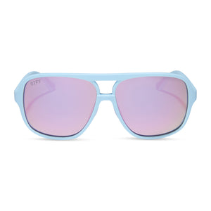 diff sport featuring the hangtime aviator sunglasses with a matte baby blue frame and lavender mirror polarized lenses front view