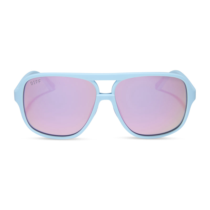 diff sport featuring the hangtime aviator sunglasses with a matte baby blue frame and lavender mirror polarized lenses front view