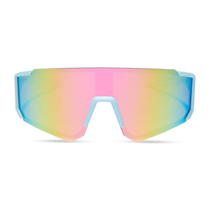 diff sport featuring the heat shield sunglasses with a matte baby blue frame and sherbert rainbow mirror polarized lenses front view