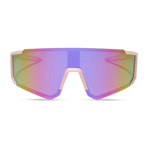 diff sport featuring the heat shield sunglasses with a matte baby pink frame and pink rush mirror polarized lenses front view