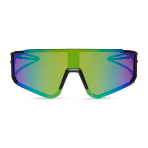 diff sport heat shield sunglasses with a matte black frame and green mirror polarized lenses front view