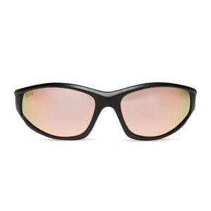 diff sport lightning wrap sunglasses with a matte black frame and peach mirror polarized lenses front view