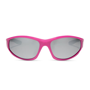 diff sport lightning wrap sunglasses with a neon pink frame and silver mirror polarized lenses front view