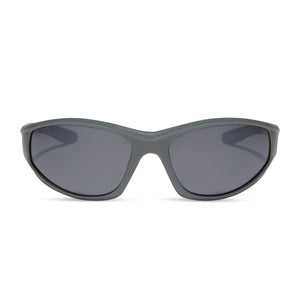 diff sport lightning wrap sunglasses with a slate grey frame and grey with silver flash polarized lenses front view