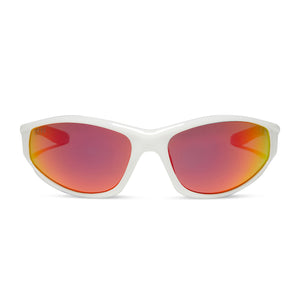 diff sport lightning wrap sunglasses with a white frame and sunset mirror polarized lenses front view