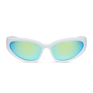 diff sport side out wrap sunglasses with a matte white frame and turquoise ice mirror polarized lenses front view