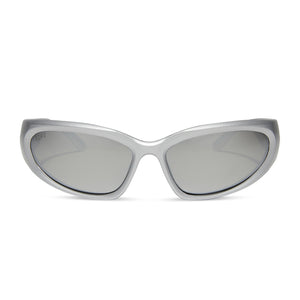 diff sport side out wrap sunglasses with a silver frame and silver mirror polarized lenses front view