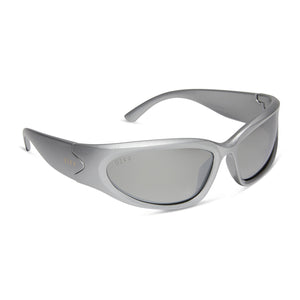 diff sport side out wrap sunglasses with a silver frame and silver mirror polarized lenses angled view