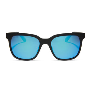 diff sport sky square sunglasses with a matte black frame and blue mirror polarized lenses front view
