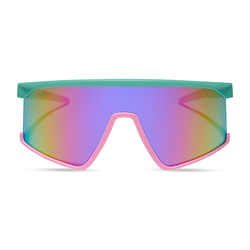 diff sport featuring the spike shield sunglasses with a turquoise & hot pink frame and pink rush mirror polarized lenses front view