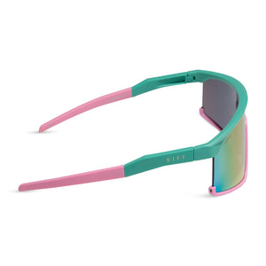 diff sport featuring the spike shield sunglasses with a turquoise & hot pink frame and pink rush mirror polarized lenses side view