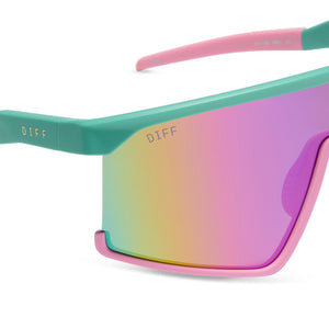 diff sport featuring the spike shield sunglasses with a turquoise & hot pink frame and pink rush mirror polarized lenses detailed view