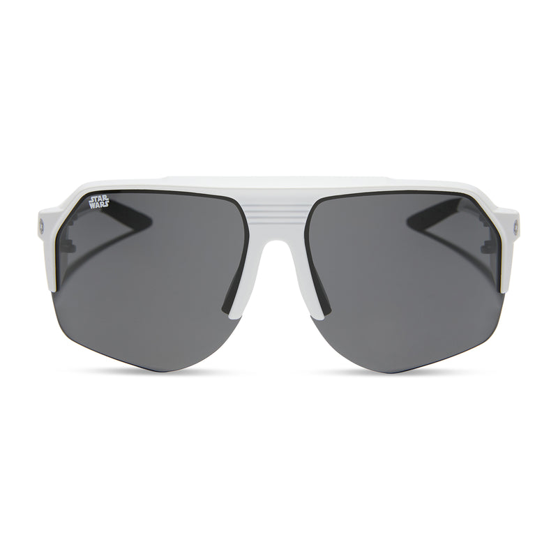 star wars™ x diff sport featuring thestormtrooper square sunglasses with a galactic white frame and category 3 dark grey polarized lenses front view