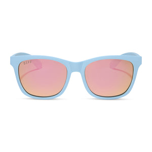 diff sport featuring the storm square sunglasses with a matte baby blue frame and sherbert rainbow mirror polarized lenses front view