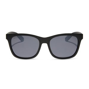 diff sport sky square sunglasses with a matte black frame and dark grey with silver flash polarized lenses front view