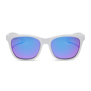 diff sport sky square sunglasses with a matte white frame and sunset mirror polarized lenses front view