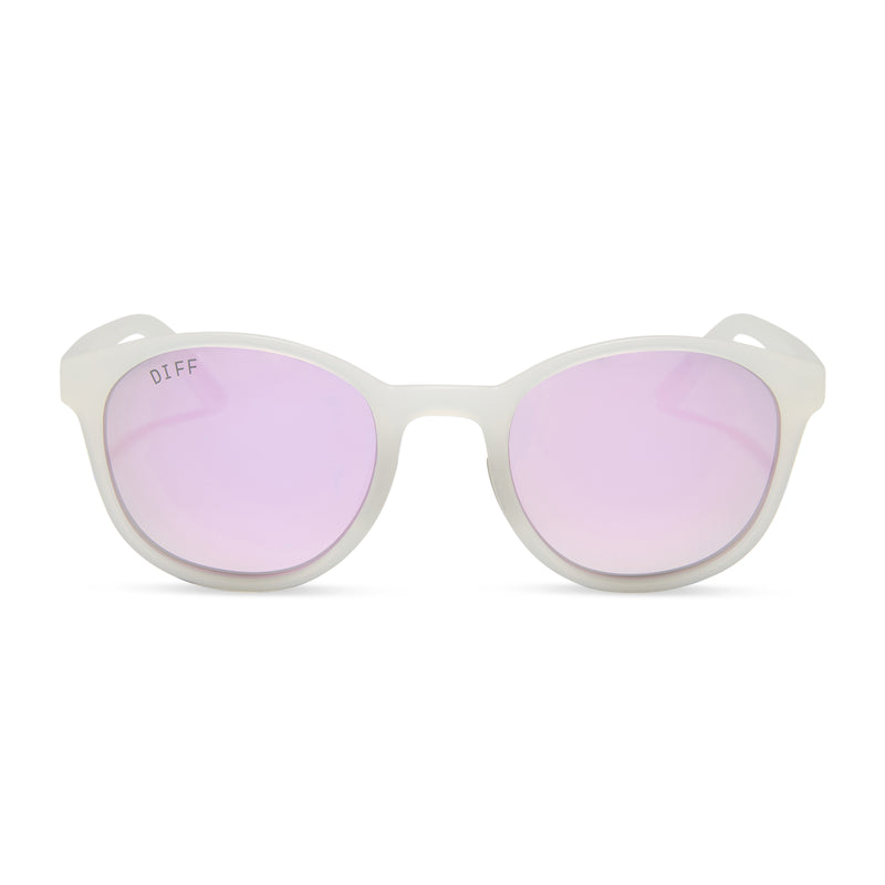 diff sport featuring the volley round sunglasses with a frosty matte crystal frame and lavender mirror polarized lenses front view